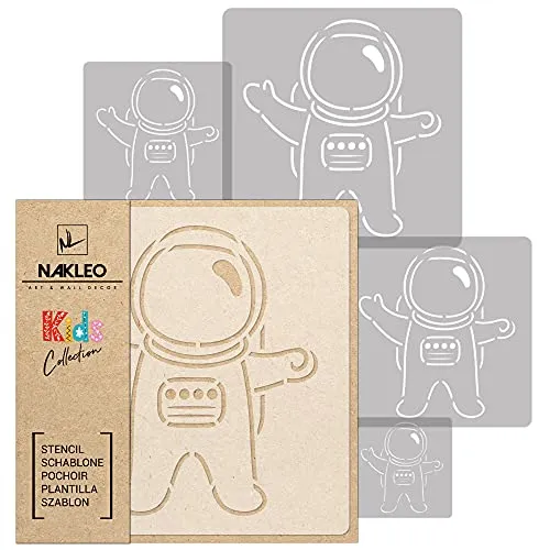 NAKLEO Schablonen Malen für Kinderzimmer, 5 Stück Set 9x9 bis 34x34cm Astronaut Kosmonaut, Wiederverwendbare Kunststoff Malvorlage Raumdekoration, Basteln DIY Wand Möbel Papier Stoff