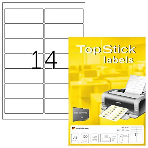 TopStick 8757 Adressetiketten, 100 Blatt, 99,1 x 38,1 mm, 14 pro A4 Bogen, 1400 Stück, selbstklebend, bedruckbar, matt, blanko Papier Adressaufkleber Etiketten, weiß