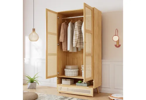 Flieks Kleiderschrank Garderobenschränke mit Stange, Schrank Garderobe mit Flip-Top-Deckel, Rattan 2-türig Schrank mit Schublade, Naturbelassen - Naturbelassen