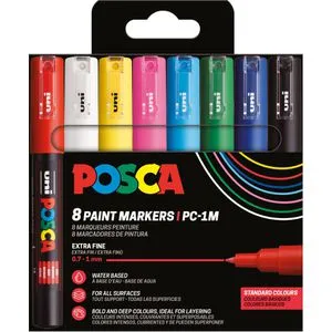 POSCA Marker Set PC-1M 8 Farben - Schreibutensilien mit wasserbasierter Pigmenttinte, ideal für kreative Projekte auf vielen Oberflächen. Enthält 8 Marker in leuchtenden Standardfarben.