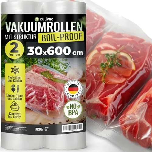 culivac 2 Folienrollen 30x600cm Vakuumrollen kochfest für Vakuumierer Vakuumiergerät Folienschweißgerät BPA-frei Vakuumierfolie Rolle Vakuumierbeutel Vakuumierrollen Folienbeutel Vakuumbeutel Rolls