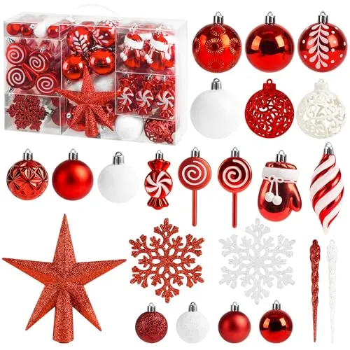 Elvior 130er Set Premium Weihnachtskugeln Rot Kunststoff Christbaumkugeln Matt, Glänzend, Glitzernd, Verschiedene Größenfür, Christbaumschmuck Set mit Baumspitze Stern Drinnen & Draußen