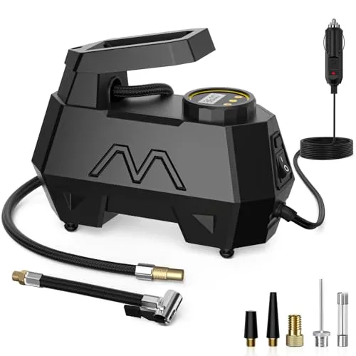 Elektrische Luftpumpe Auto, Tragbarer Reifenfüller, Luftpumpe für Autoreifen, 12-V-Gleichstrom-Autopumpe mit digitalem Manometer und LED-Notleuchte für Auto und Motorrad