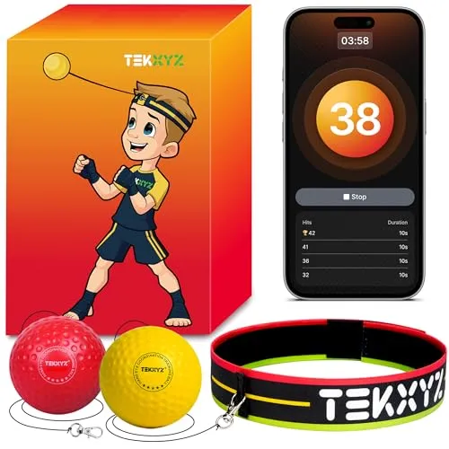 TEKXYZ Reflexball mit Zähler-App und Online-Community, 2 Stufen, Boxball mit Stirnband für Reaktion, Agilität, Schlagtempo und Hand-Auge-Koordination