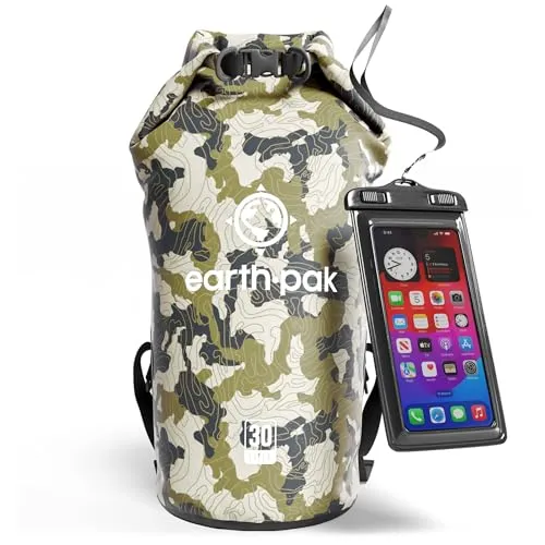 Earth Pak – Wasserdichter Packsack mit Schultergurt und wasserfester Handyhülle – Ideale Rolltop Tasche beim Kajak Fahren, Wandern, Camping, Angeln, Bootfahren und Rafting (Tarnung, 20L)