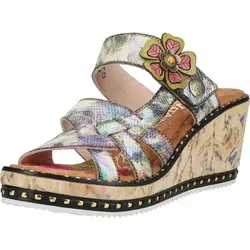 Laura Vita Pantoletten aus Leder - 39 - Stylische Keilsandalette mit kreativem Obermaterial und verspielter Blütenapplikation. Bequemer Klettverschluss und gepolsterte Decksohle für hohen Tragekomfort. Ideal für sommerliche Outfits und modische Akzente.
