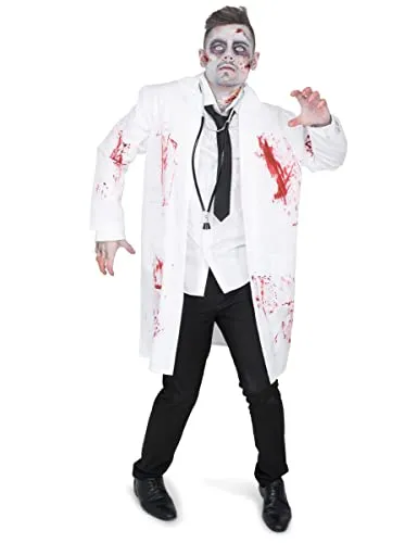 Zombie Doktor Kostüm für Herren L - Gruseliges Arzt-Outfit - Gruseliges Kostüm für Halloween, bestehend aus einem blutigen Arztkittel, Krawatte und Stethoskop. Ideal für schockierende Auftritte als Zombie-Arzt!