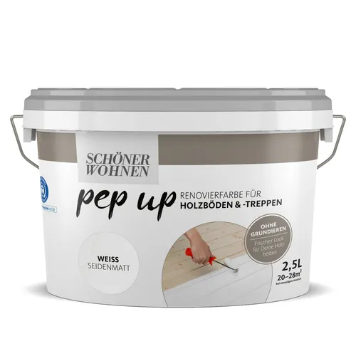 Schöner Wohnen Pep Up Renovierfarbe weiß seidenmatt - Innen- & Außenfarben, feuchtigkeitsbeständig und ideal für Holzböden und Treppen, sorgt für ein perfektes Finish in jedem Raum.