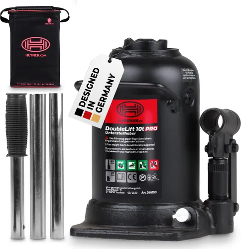 Heyner Stempelwagenheber 346100 Premium, 10t Tragkraft - Kfz-Wagenheber mit hydraulischem Doppelhubkolben für sicheres Arbeiten. Hubhöhe von 210-440 mm, ideal für große Fahrzeuge. Inklusive hochwertiger Transporttasche und verstellbarem Hebel.