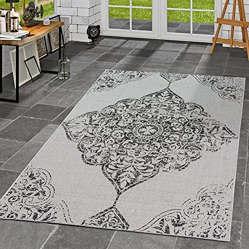 TT Home Innen & Außenteppich Flachflor Teppich Vintage Optik Style Barockdesign In Grau, Größe:60x100 cm