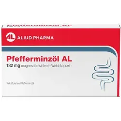 Pfefferminzöl AL 182 mg - Magensaftresistente Weichkapseln - Arzneimittel zur Linderung von Bauchschmerzen, Blähungen und krampfartigen Beschwerden, besonders bei Reizdarm-Syndrom. Laktose-, gluten- und zuckerfrei, für Erwachsene und Kinder ab 8 Jahren.