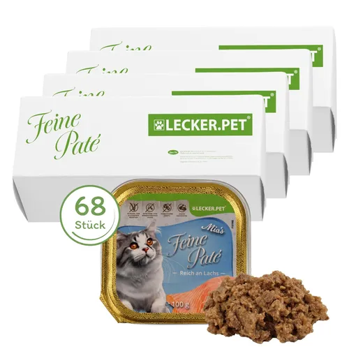 g Lecker.Pet® Mia's Feine Paté mit Lachs - Glutenfreies Katzenfutter - Katzenfutter mit zartem Lachs, ideal für alle Altersstufen. Die cremige Paté ist leicht verdaulich und unterstützt mit essentiellen Nährstoffen und Omega-3-Fettsäuren Haut und Fell Ihrer Katze.
