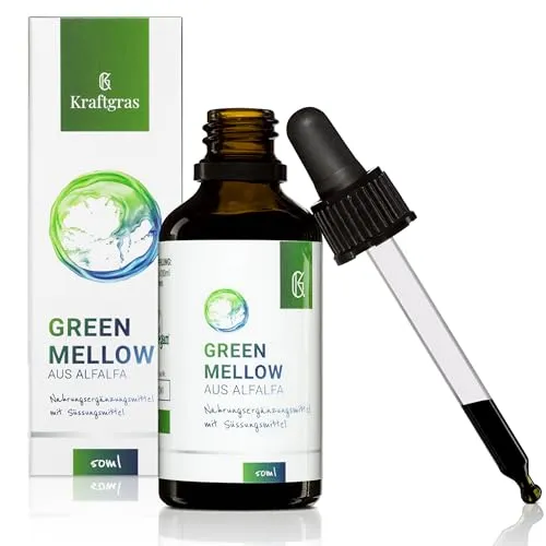 KRAFTGRAS Green Mellow Tropfen [50 ml] - flüssiges Chlorophyll aus Alfalfa mit weiteren Pflanzen-Extrakten & Glückshormon L-Tryptophan [vegan & leicht dosierbar]