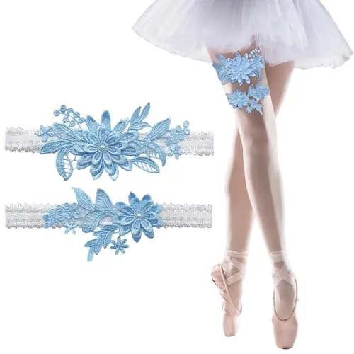 Stücke Hochzeit Braut Strumpfband, Damen Strumpfband Hochzeit, Blume Spitze Elastische Blaues Strumpfbänder, Geeignet für Bräute, Brautjungfern, Hochzeiten, Alltagsdekoration (Blau) 2