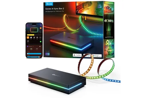 GOVEE AI Sync Box Kit 2 für 75-85 Zoll TVs - Multifunktionale Synchronisierungsbox für RGBWIC-Beleuchtung, sorgt für beeindruckende Lichtstimmungen beim Fernsehen, aus robustem Metall und Kunststoff gefertigt.