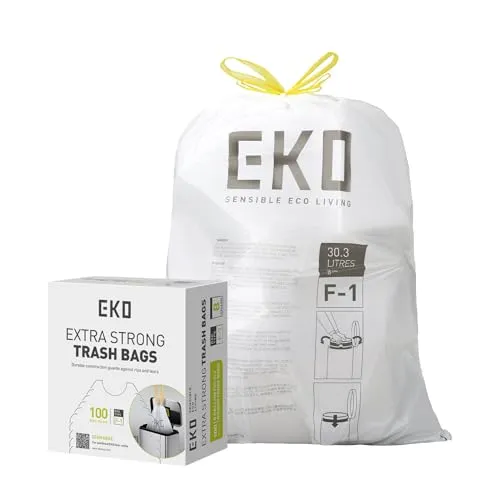 EKO extralange Müllbeutel mit Zugband, 30 Liter Müllsäcke, 100 Beuteln, extra starken, Schnellzugriffsbox, Perfekte Passform für Recycling-Mülleimer, Auslaufsicher, weiß, Größe F-1
