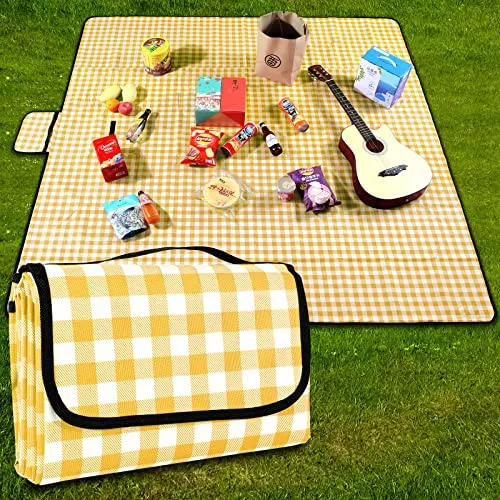 GUSUWU Picknickdecke 200 cm x 200 cm, wasserdicht, Stranddecke, Picknickmatte, waschbar, leicht, mit Griff, gelb kariert, für Wandern, Reisen, Camping, Parks
