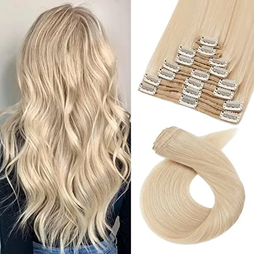 TESS Clip in Extensions Echthaar Blond 40 cm, Remy Hair 8 Tressen Hair Extensions Clip in Glatt 130g Extensions Clip in Lang Haarverlängerung Doppelt Tressen (40 cm-#024 Mittelblond)