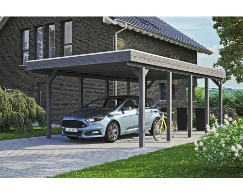 SKAN HOLZ Friesland Einzelcarport mit Aluminium-Dachplatten - Moderne Flachdach-Konstruktion in Grau, aus hochwertigem Holz gefertigt, idealer Schutz für Ihr Fahrzeug und langlebig durch robuste Materialien.