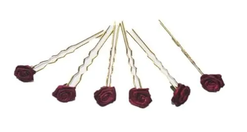 Haarschmuck - 6 goldfarbene Haarnadeln mit Rosen in der Farbe dunkelrot