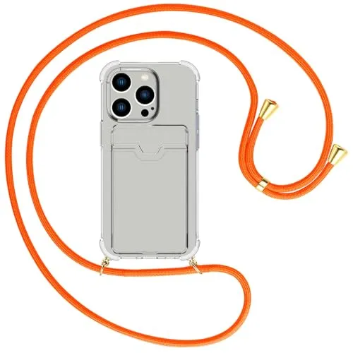 mtb more energy® Handykette mit Kartenfach kompatibel mit iPhone 15 Pro - Neon Orange/Goldfarbene Ösen - Smartphone Hülle zum Umhängen - Anti Shock Full TPU Case