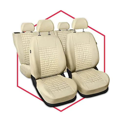 Saferide 3er Set Autositzbezüge PKW universal | Auto Sitzbezüge Kunstleder Beige für Airbag geeignet | für Vordersitze und Rückbank | 1+1 Autositze vorne und 1 Sitzbank hinten teilbar Reißverschlüsse