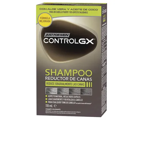 Just For Men Control GX Champú Reductor de Canas 118 ml für Männer - Shampoo zur schrittweisen Reduzierung von grauen Haaren, ideal für ein natürliches Aussehen und einfach in der Anwendung.