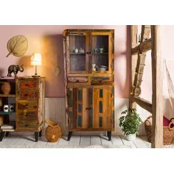 Massivmoebel24 Standvitrine #113 - Mehrfarbige Altholz Vitrine - Vitrine aus Massivholz, 90x35x200 cm, mit 4 Türen und 2 Schubladen. Nachhaltig und einzigartig durch individuelle Holzmaserung - ideal für verantwortungsbewusste Einrichtungsfans.
