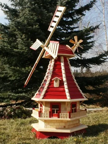 Große Windmühle mit Solar 1,30 m rot/Natur - Lampen - Stilvolle Gartenwindmühle aus massivem Holz mit Solarbeleuchtung, ideal für eine stimmungsvolle Atmosphäre im Garten.