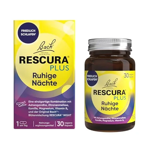 Bachblüten RESCURA PLUS Ruhige Nächte 30 vegane Kapseln - Blütentherapie mit Ashwagandha und B-Vitaminen für optimale Entspannung und gesunden Schlaf, ideal für ruhige Nächte und erholtes Aufwachen.