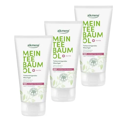 alkmene Teebaumöl Waschgel 3x150 ml - Effektives Waschgel für unreine Haut mit Teebaumöl und Zink PCA. Reinigt porentief und reduziert nachweislich Unreinheiten. Vegan, mikroplastikfrei und dermatologisch getestet.