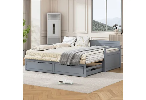 MODFU Schlafsofa Multifunktionales Zwei-in-Eins-Tagesbett, mit Kiefernbett, Schubladen und Ausziehbett 90 x 190 cm/180 x190 cm, ohne Matratze