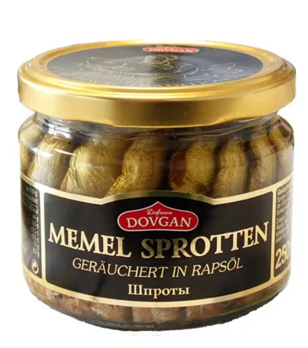 DOVGAN Memel Sprotten geräuchert in Rapsöl 250 g - Fisch- & Meeresfrüchtekonserven, zart geräuchert für ein intensives Aroma und perfekten Genuss direkt aus der Dose.