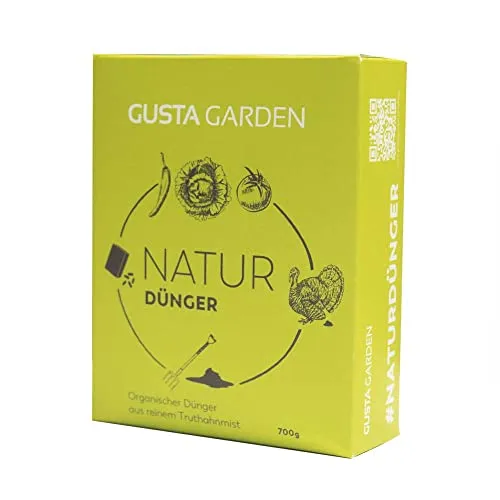 GUSTA GARDEN Naturdünger - 6 Monate Langzeitwirkung - Wasserspeichernd - Granulat aus 100% reinem Truthahnmist aus Österreich - Universaldünger - Ideal für Kartoffeln, Tomaten, Erdbeeren etc. (700g)