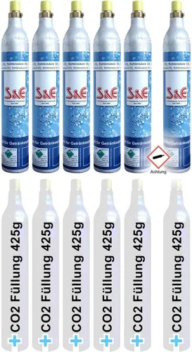 6x CO2 Reserve-Zylinder für 425g - Ideal für Wassersprudler - Hochwertige CO2-Zylinder für bis zu 60l Sprudelwasser, kompatibel mit gängigen Wassersprudlern. Bequemer Zylindertausch via DHL und abgefüllt in Deutschland!