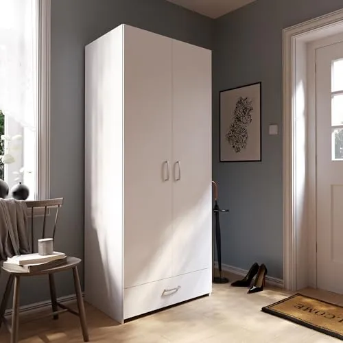 Forte ECONOBOX Kleiderschrank 80 – Klassischer 2-Türen Schrank in Weiß - Vielseitiger Kleiderschrank mit klaren Linien und kompakten Maßen. Perfekt für platzsparende Lösungen in Schlafzimmern oder Fluren. Einfache Montage mit allen Materialien inklusive.