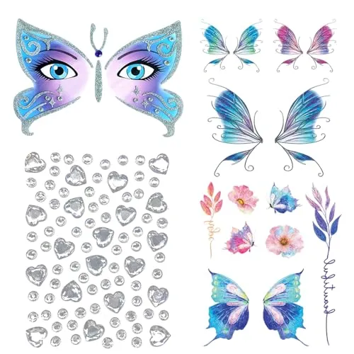 Gesichtstattoo Karneval Schmetterling Tattoo Gesicht, Face Art Sticker Schmetterling Butterfly, Glitzer Face Paint, Temporäre Tattoos für Karneval Fasching Halloween Festival Kinder Geburtstag