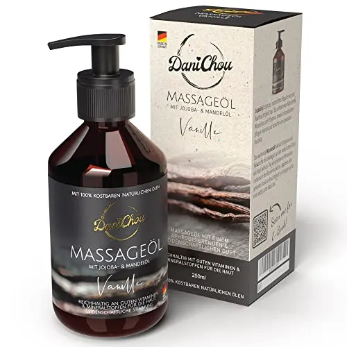 DaniChou Massageöl Vanille 250ml - Natürliches Massageöl mit Jojobaöl & Mandelöl - 100% Naturkosmetik - Entspannender Duft für Wellness - Hautpflege & Stressabbau - Ohne Paraffine & Farbstoffe