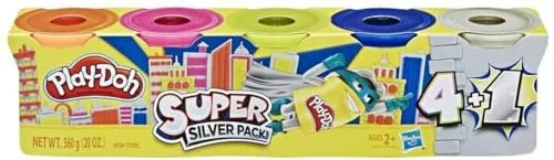Play-Doh Super Silver 5er Pack ungiftige Farben inkl. 1 Super Silver Dose, 118 ml Dosen