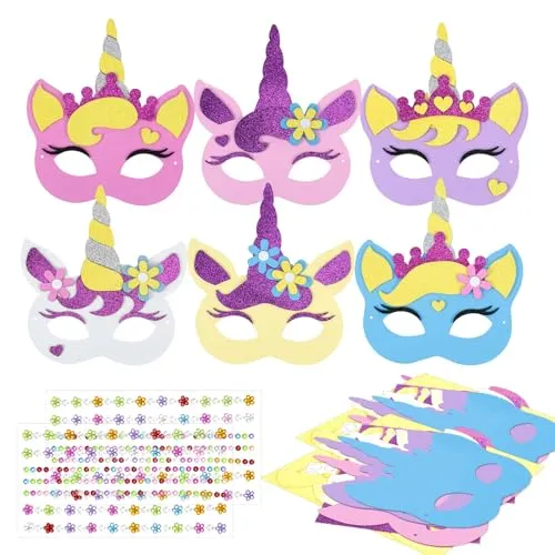 LAMEK 12 Einhorn Masken Bastelsets für Kinder Kreative Kunsthandwerk DIY Bastelhandwerk mit 6 Moosgummi Schablonen Strasssteine Kreativsets zum Basteln für Geburstag Weihnachten