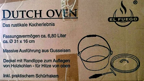 El Fuego Dutch Oven Schwarz Kasan Gusseisen 8,46 Liter - Grillzubehör für traditionelles Kochen im Freien! Robuster Dutch Oven aus 100% Gusseisen mit 3 Standfüßen und Oberhitze-Garfunktion für unvergleichlichen Geschmack.