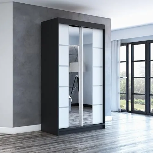 Schwebetürenschrank ERA 120 cm mit Spiegel - Moderner 2-türiger Schrank in Schwarz/Weiß, ausgestattet mit einem hochwertigen Schiebetürsystem für müheloses Öffnen. Ideal für platzsparende Lösungen im Schlafzimmer oder Flur.