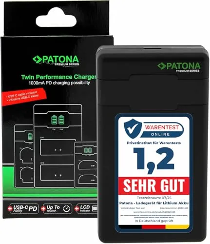 PATONA NP-FW50 Ladegerät - USB-C Mini Dual LCD - Ladegeräte für Kamera & Camcorder mit PD/QC Fähigkeit für blitzschnelles Laden; ideal für Sony NP-FW50 Akkus, inklusive USB-C Kabel und Transportsäckchen.