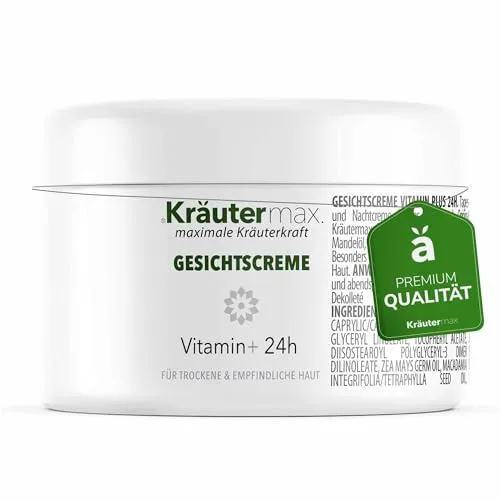 Kräutermax Vitamin E Creme Gesichtscreme 100 ml mit Avocadoöl, Mandelöl, Weizenkeimöl und Macadamianussöl für Trockene und Empfindliche Haut