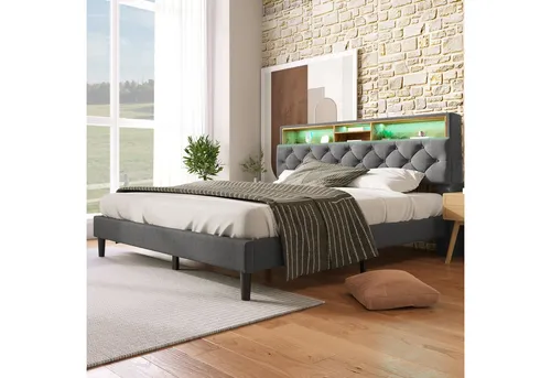 Stilvora Polsterbett Grau mit Stauraum, 140x200 cm - Kompaktes Polsterbett mit integriertem Stauraum im Kopfteil und LED-Beleuchtung. Ideal für kleine Räume, bietet es praktischen Platz für persönliche Gegenstände und sorgt für eine stilvolle Schlafumgebung.
