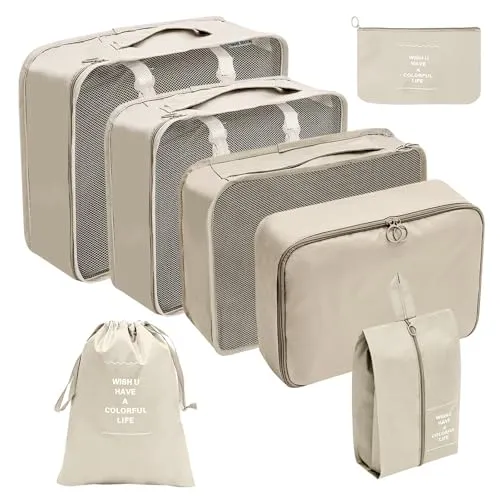 Koffer Organizer 7-teilig Packing Cubes mit Tragegriff | Platzsparender Reiseorganizer mit Kosmetik- und Schuhbeutel. Leicht, Netz und Griff für perfektes Reisen
