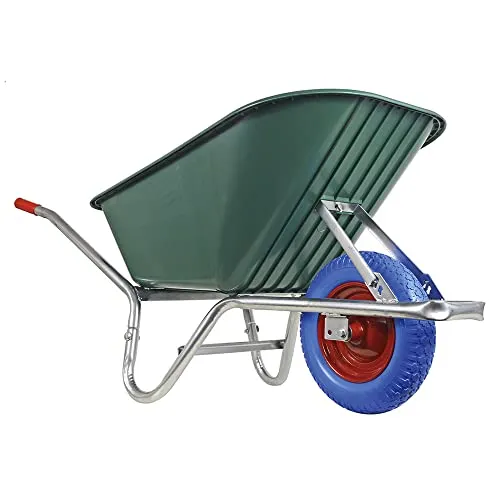 BPA Schubkarre Schubkarren Vollgummi Vollgummirad Vollgummireifen pannensicher Bauschubkarre Scheibtruhe | 100 Liter Mulde PP grün Kunststoff | PU Rad blau kugelgelagert | verzinkter Rahmen