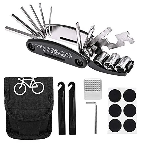Fahrradwerkzeug Reparatur Set 16 in 1 Multifunktionales Fahrrad Werkzeug Set mit Tasche Enthält 2 Reifenheber, 6 Aufnäher, Metallraspel und Zusätzlicher Inbusschlüssel
