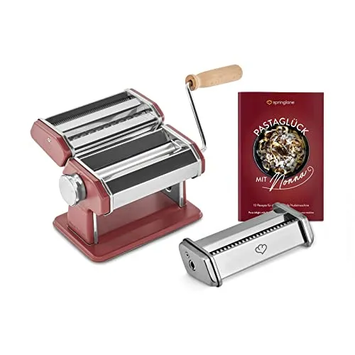 SPRINGLANE Manuelle Nudelmaschine Nonna, Edelstahl, Pastamaker inkl. Rezeptheft, Nudeltrockner, Linguineaufsatz & 3 Schneideaufsätze für Spaghetti, Lasagne, Tagliatelle - Rot
