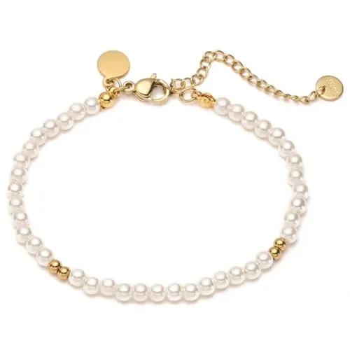 meberg Karma NH11020241 Damen Armband Kunstperlen Gold Edelstahl elegantes Schmuckstück Perlenarmband zeitloses Design Damenarmband verstellbar